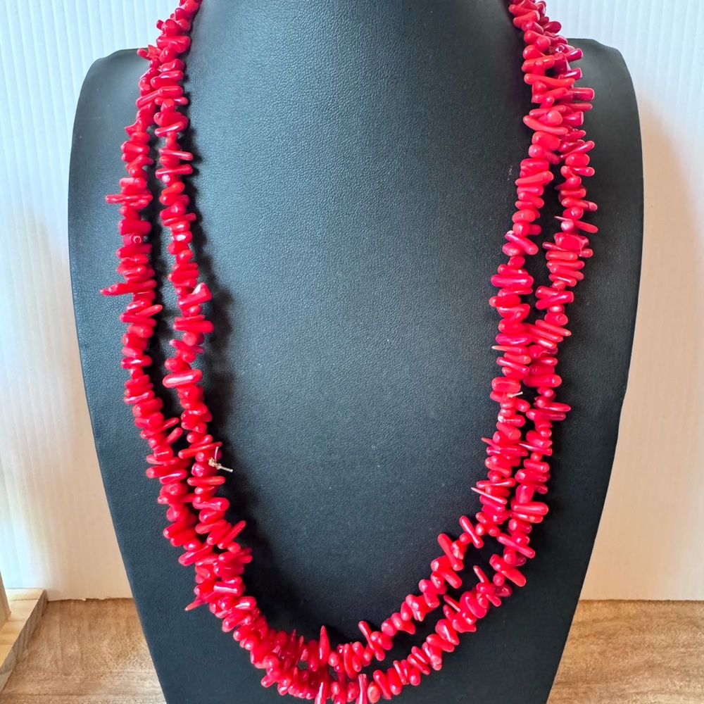 Red Chip Beaded Long Strand Necklace Untested Coral? Stone? Glass?